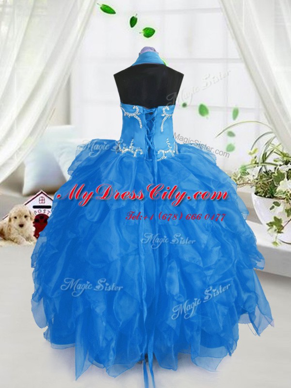 Halter Top Baby Blue Organza Lace Up Pageant Gowns Sleeveless Floor Length Appliques and Ruffles