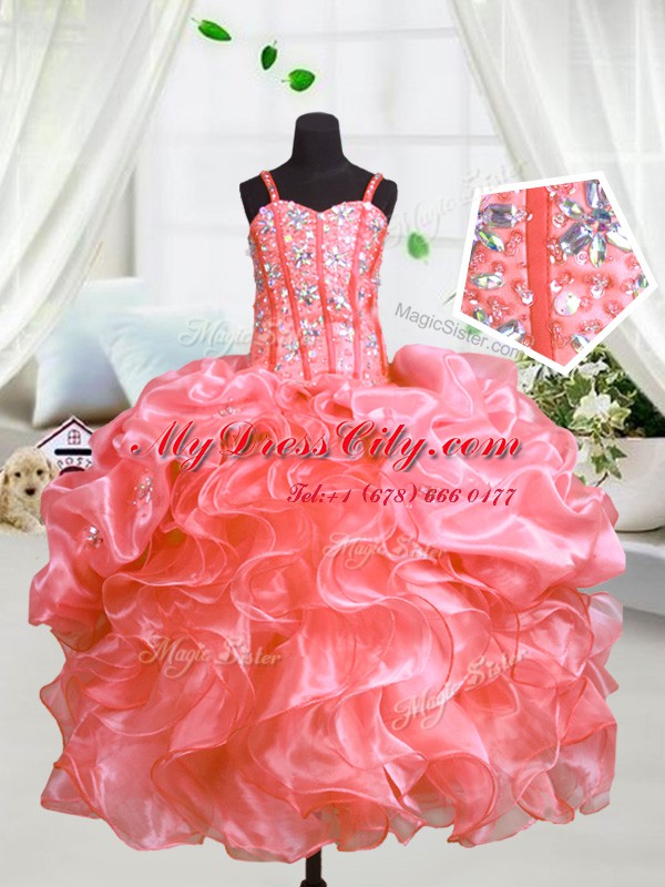 Ball Gowns Pageant Gowns Watermelon Red Spaghetti Straps Organza Sleeveless Floor Length Lace Up