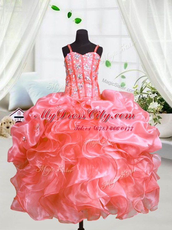 Ball Gowns Pageant Gowns Watermelon Red Spaghetti Straps Organza Sleeveless Floor Length Lace Up