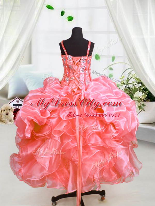 Ball Gowns Pageant Gowns Watermelon Red Spaghetti Straps Organza Sleeveless Floor Length Lace Up