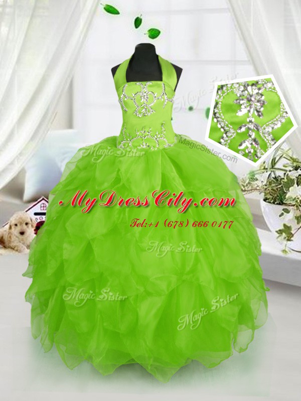 Glorious Organza Lace Up Halter Top Sleeveless Floor Length Pageant Dress for Womens Beading and Ruffles