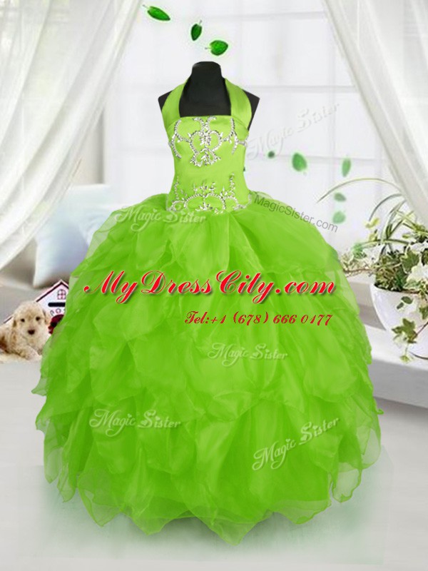 Glorious Organza Lace Up Halter Top Sleeveless Floor Length Pageant Dress for Womens Beading and Ruffles