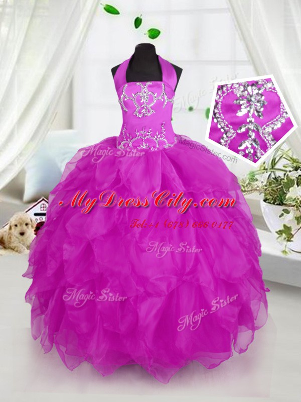 High Class Halter Top Purple Sleeveless Organza Lace Up Evening Gowns for Party and Wedding Party