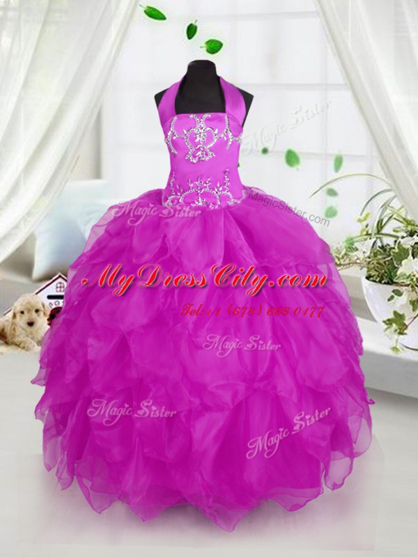 High Class Halter Top Purple Sleeveless Organza Lace Up Evening Gowns for Party and Wedding Party