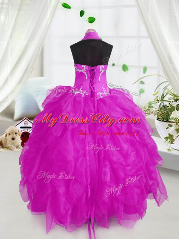 High Class Halter Top Purple Sleeveless Organza Lace Up Evening Gowns for Party and Wedding Party