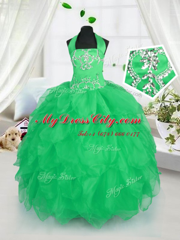 Latest Apple Green Halter Top Neckline Appliques and Ruffles Child Pageant Dress Sleeveless Lace Up