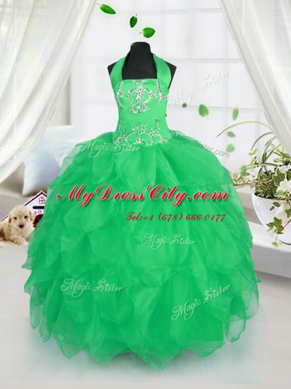 Latest Apple Green Halter Top Neckline Appliques and Ruffles Child Pageant Dress Sleeveless Lace Up