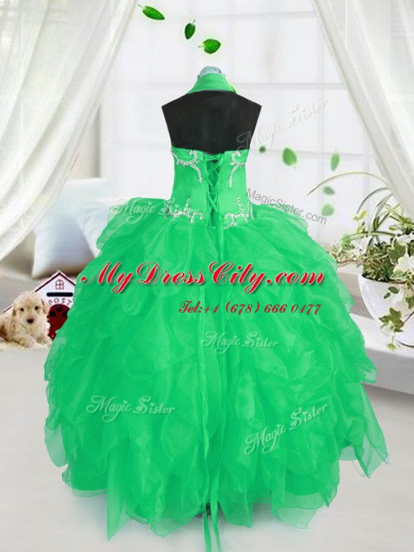 Latest Apple Green Halter Top Neckline Appliques and Ruffles Child Pageant Dress Sleeveless Lace Up