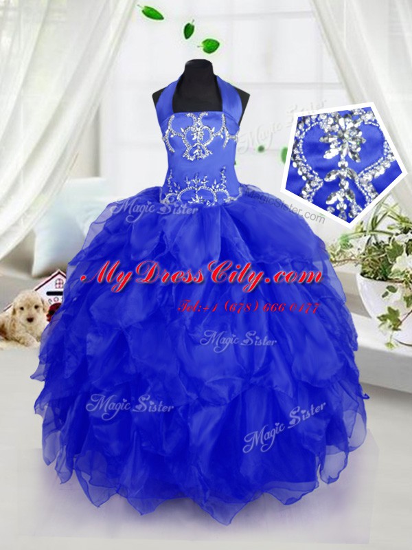 Customized Halter Top Sleeveless Lace Up Casual Dresses Royal Blue Organza