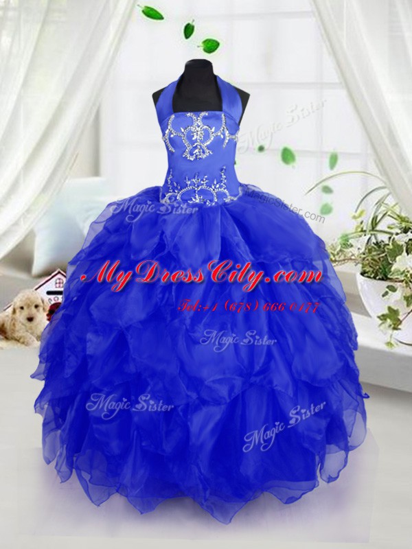 Customized Halter Top Sleeveless Lace Up Casual Dresses Royal Blue Organza