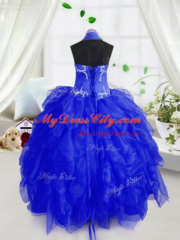 Customized Halter Top Sleeveless Lace Up Casual Dresses Royal Blue Organza