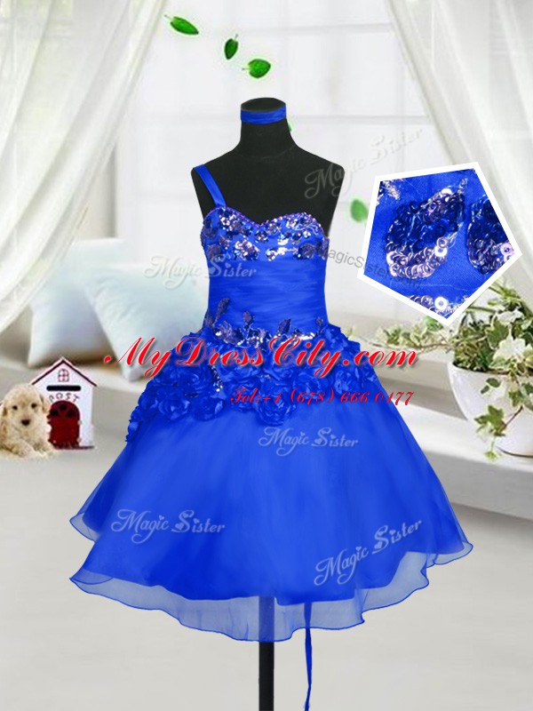 High Class Blue Sweetheart Neckline Beading and Hand Made Flower Custom Made Sleeveless Lace Up