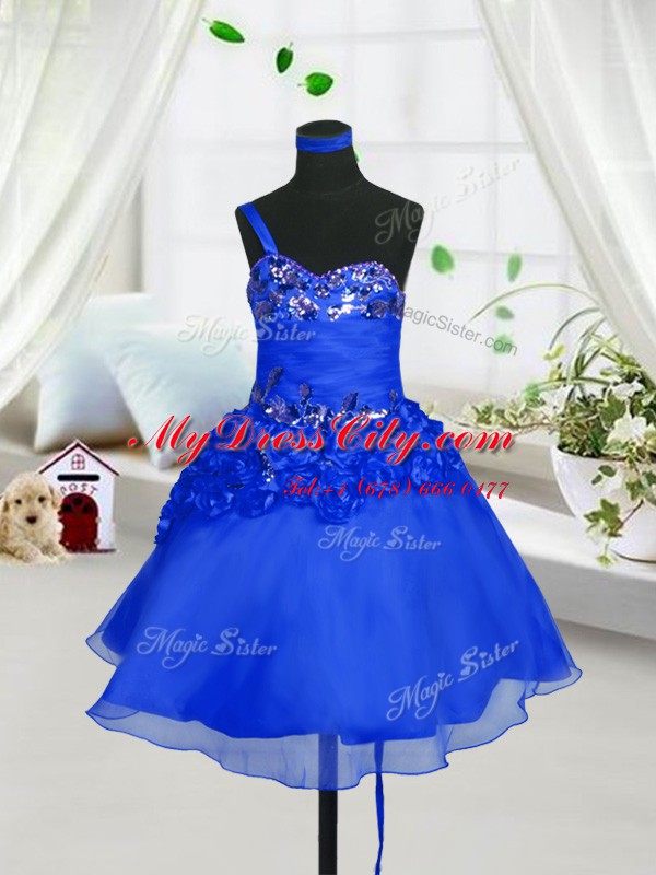 High Class Blue Sweetheart Neckline Beading and Hand Made Flower Custom Made Sleeveless Lace Up