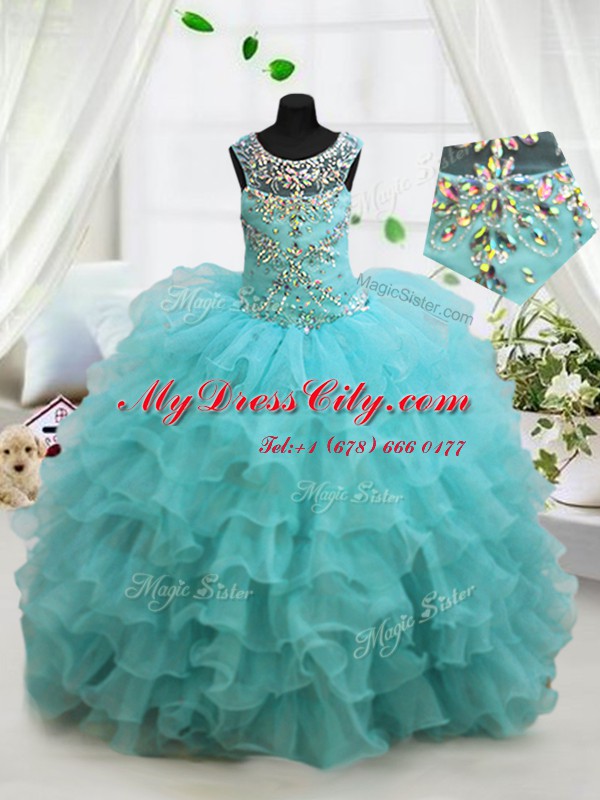 Cute Scoop Sleeveless Organza Pageant Dresses Beading and Ruffled Layers Lace Up