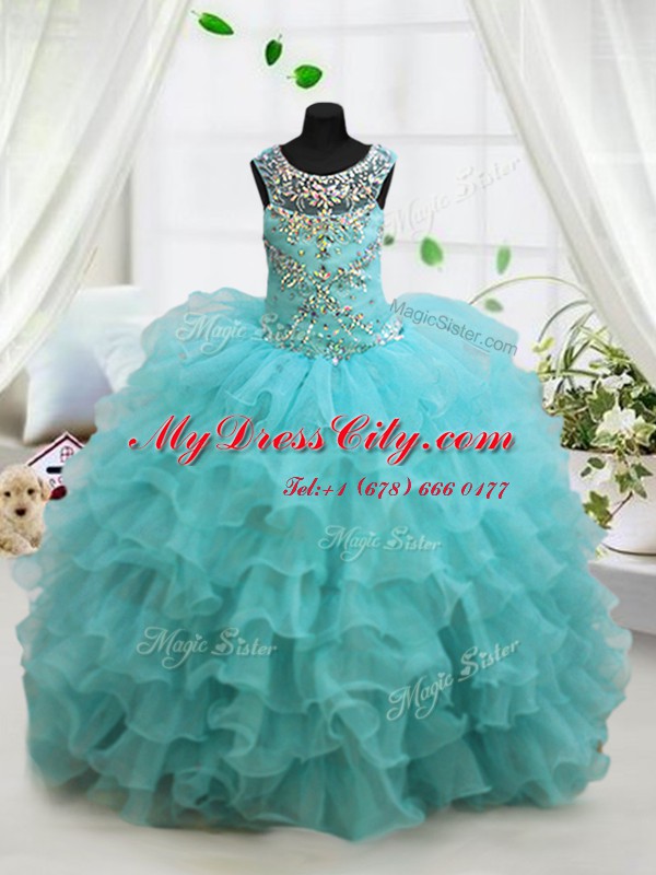 Cute Scoop Sleeveless Organza Pageant Dresses Beading and Ruffled Layers Lace Up