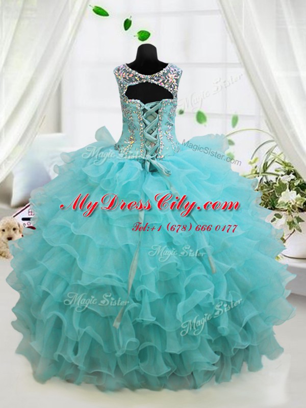 Cute Scoop Sleeveless Organza Pageant Dresses Beading and Ruffled Layers Lace Up