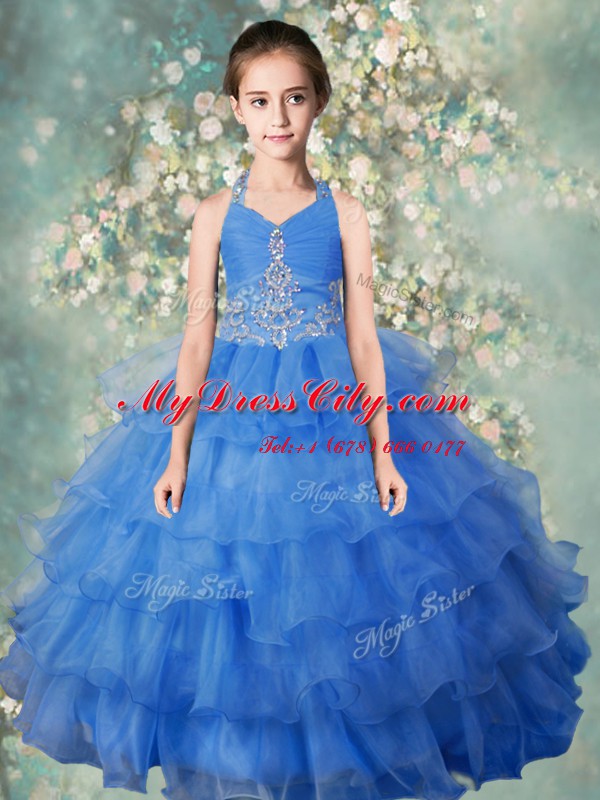 Elegant Ruffled Floor Length Baby Blue Pageant Dress Toddler Halter Top Sleeveless Zipper