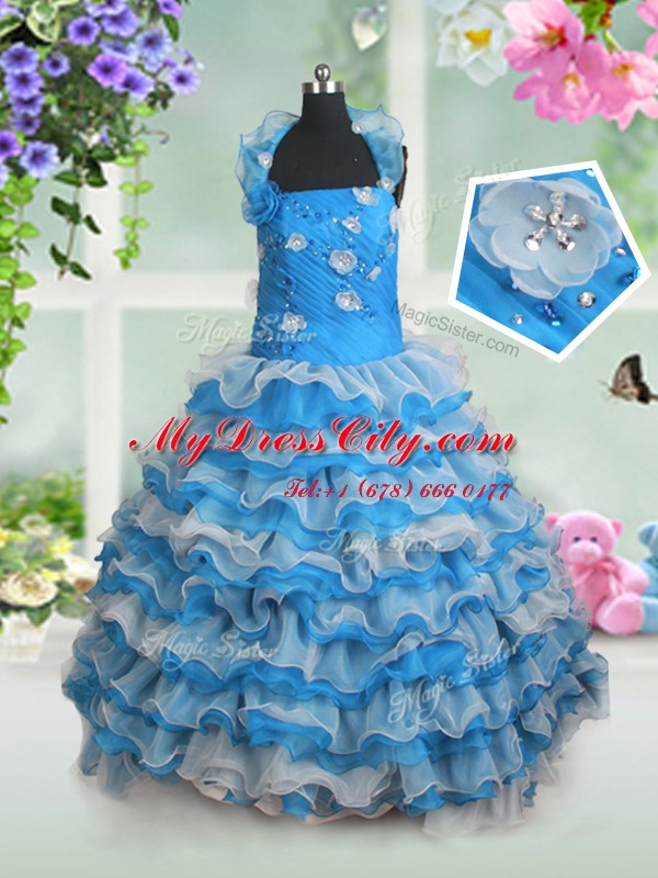 Baby Blue Straps Lace Up Beading and Appliques and Ruffled Layers Party Dress for Girls Sleeveless