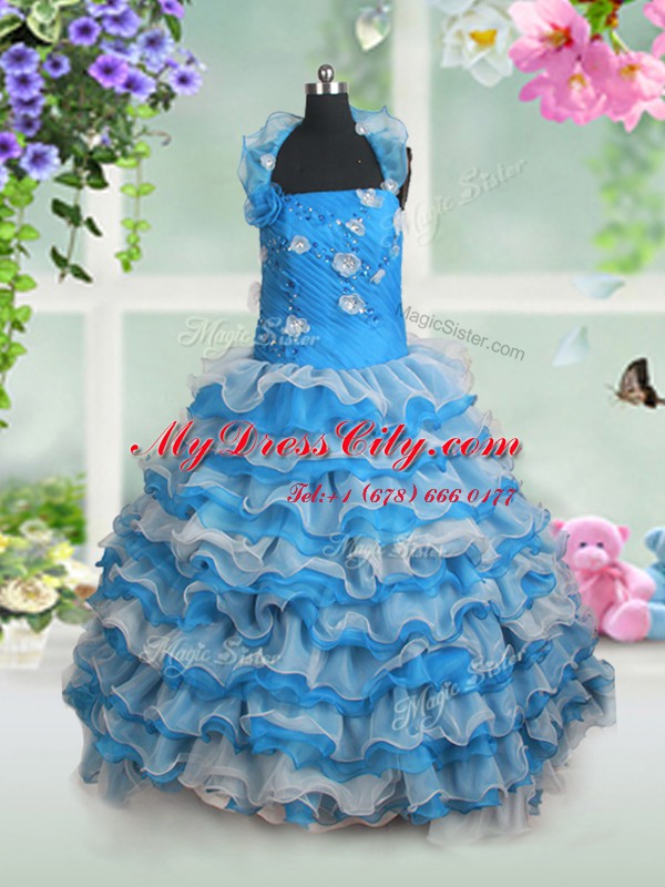 Baby Blue Straps Lace Up Beading and Appliques and Ruffled Layers Party Dress for Girls Sleeveless