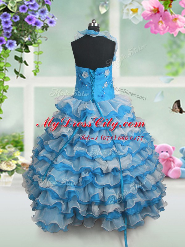 Baby Blue Straps Lace Up Beading and Appliques and Ruffled Layers Party Dress for Girls Sleeveless