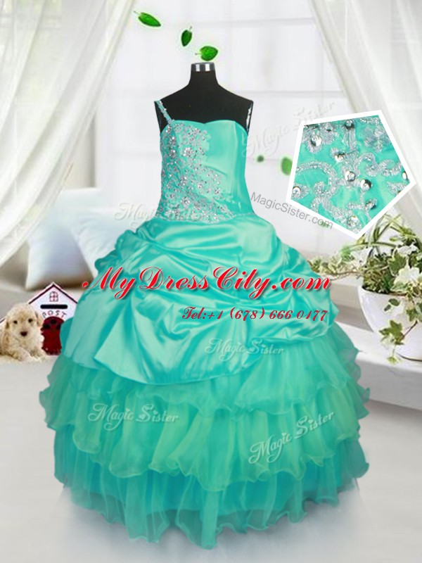 Beading and Ruffled Layers and Pick Ups Winning Pageant Gowns Turquoise Lace Up Sleeveless Floor Length