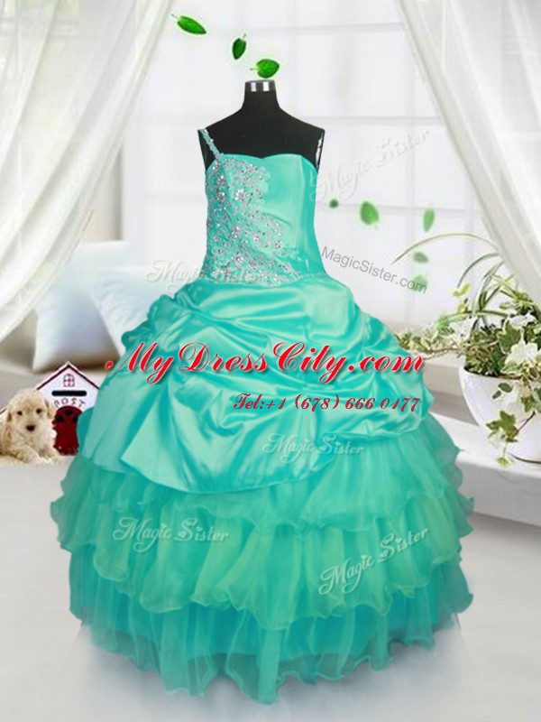 Beading and Ruffled Layers and Pick Ups Winning Pageant Gowns Turquoise Lace Up Sleeveless Floor Length