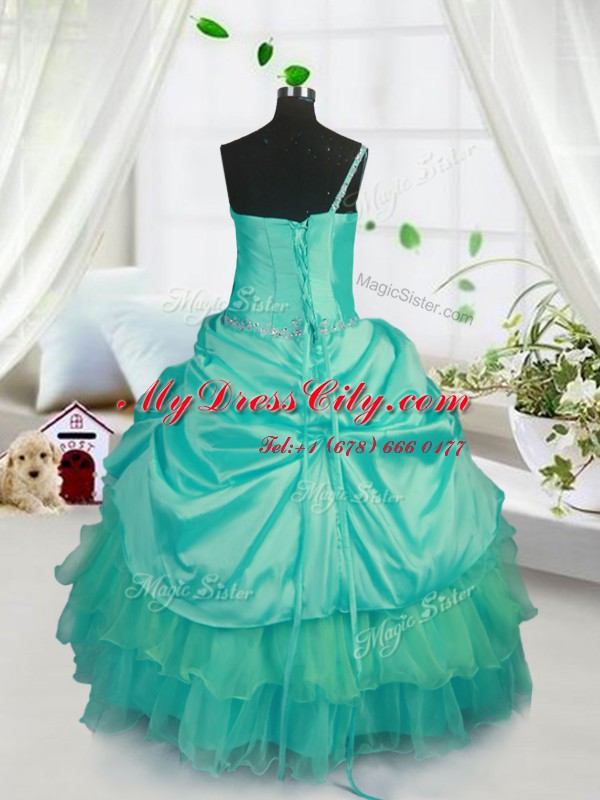 Beading and Ruffled Layers and Pick Ups Winning Pageant Gowns Turquoise Lace Up Sleeveless Floor Length