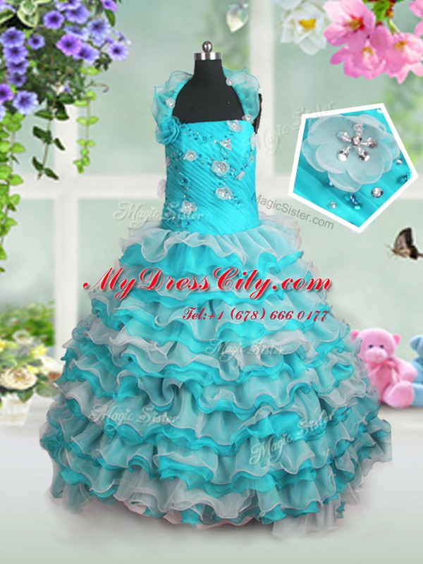 Latest Straps Sleeveless Organza Pageant Gowns For Girls Beading and Appliques and Ruffled Layers Lace Up