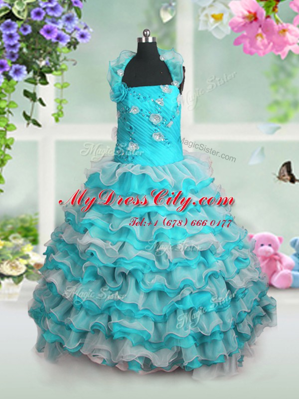 Latest Straps Sleeveless Organza Pageant Gowns For Girls Beading and Appliques and Ruffled Layers Lace Up