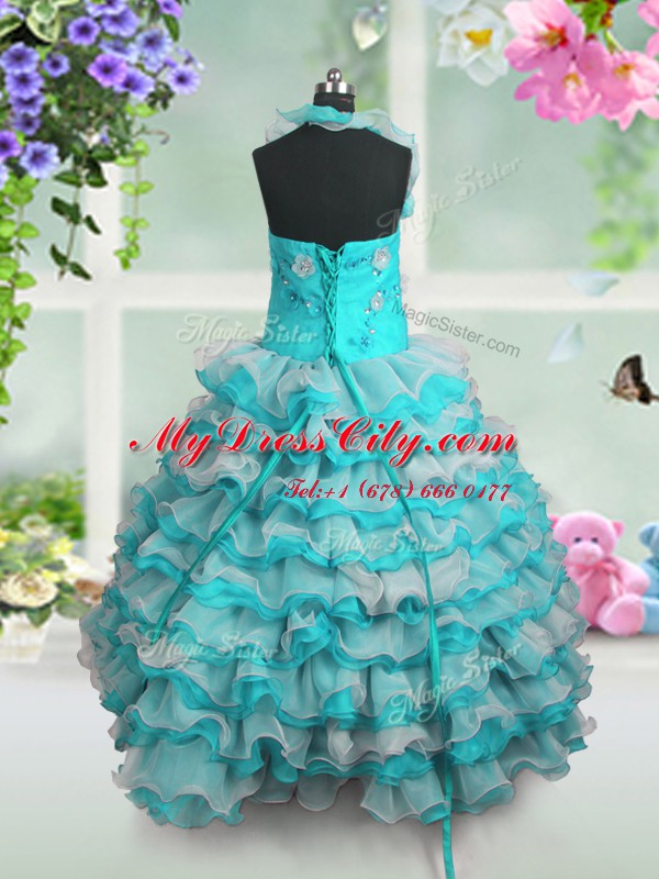 Latest Straps Sleeveless Organza Pageant Gowns For Girls Beading and Appliques and Ruffled Layers Lace Up