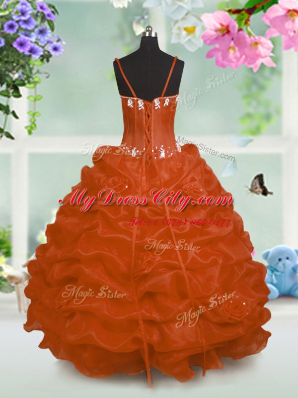 High Quality Floor Length Orange Pageant Gowns For Girls Taffeta Sleeveless Beading and Pick Ups