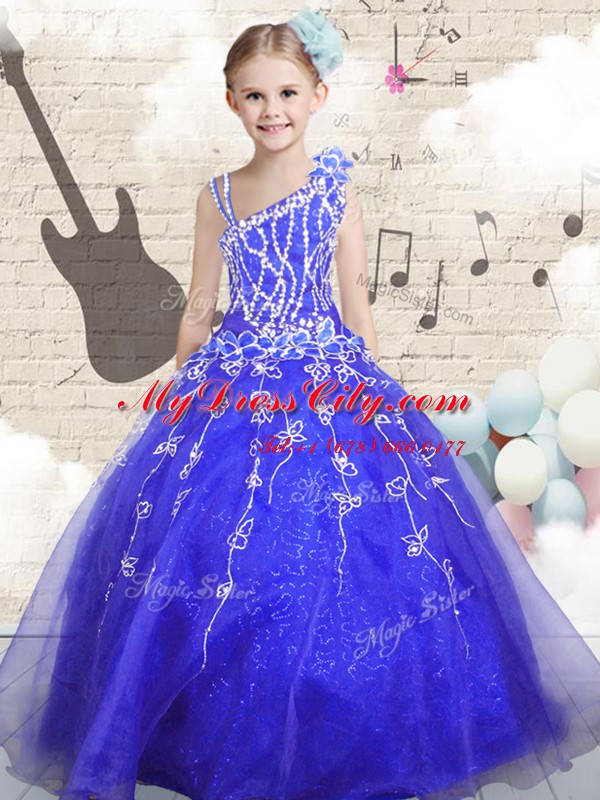 Graceful Sleeveless Organza Floor Length Lace Up Casual Dresses in Blue with Beading and Appliques and Hand Made Flower