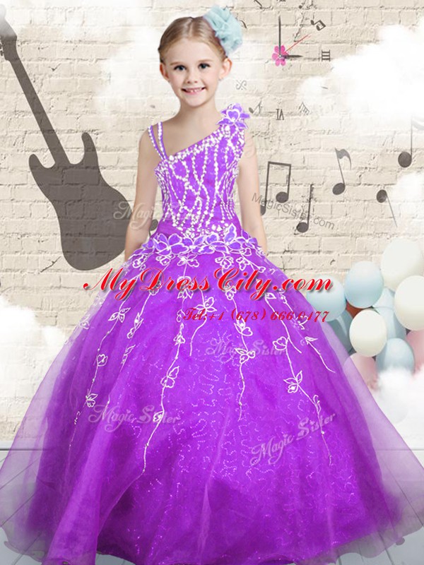 Purple Organza Lace Up Asymmetric Sleeveless Floor Length Party Dresses Beading and Appliques and Hand Made Flower