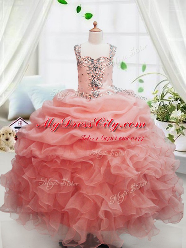 Peach Ball Gowns Beading and Ruffles and Pick Ups Pageant Dress Zipper Organza Sleeveless Floor Length