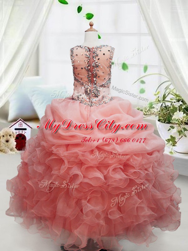 Peach Ball Gowns Beading and Ruffles and Pick Ups Pageant Dress Zipper Organza Sleeveless Floor Length