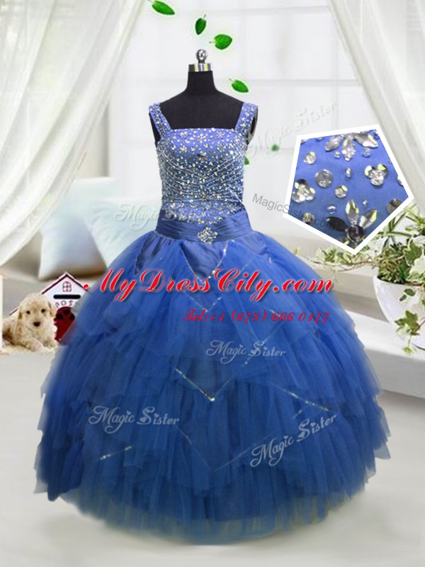 Best Royal Blue Lace Up Pageant Gowns For Girls Beading and Ruffles Sleeveless Floor Length