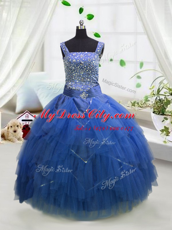 Best Royal Blue Lace Up Pageant Gowns For Girls Beading and Ruffles Sleeveless Floor Length