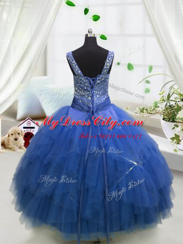 Best Royal Blue Lace Up Pageant Gowns For Girls Beading and Ruffles Sleeveless Floor Length