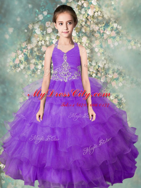 Halter Top Sleeveless Organza Custom Made Pageant Dress Beading and Ruffled Layers Zipper