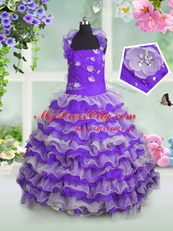 Latest Straps Sleeveless Pageant Gowns Floor Length Beading and Appliques and Ruffled Layers Lavender Organza