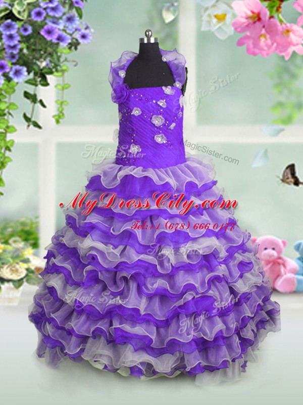 Latest Straps Sleeveless Pageant Gowns Floor Length Beading and Appliques and Ruffled Layers Lavender Organza