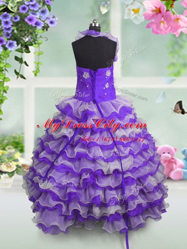 Latest Straps Sleeveless Pageant Gowns Floor Length Beading and Appliques and Ruffled Layers Lavender Organza