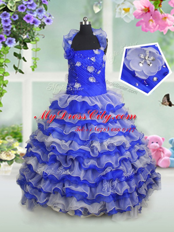 Modern Sleeveless Beading and Appliques and Ruffled Layers Lace Up Kids Pageant Dress