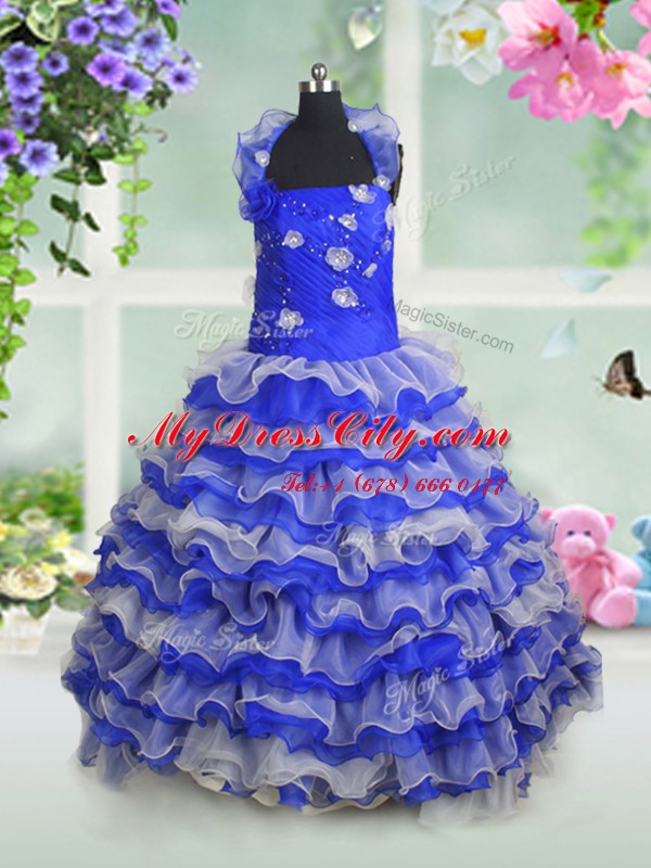 Modern Sleeveless Beading and Appliques and Ruffled Layers Lace Up Kids Pageant Dress