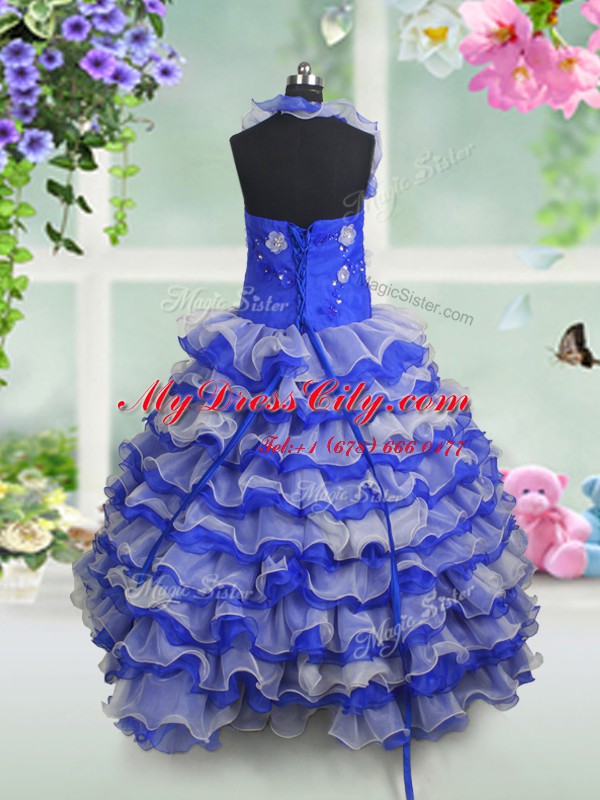 Modern Sleeveless Beading and Appliques and Ruffled Layers Lace Up Kids Pageant Dress