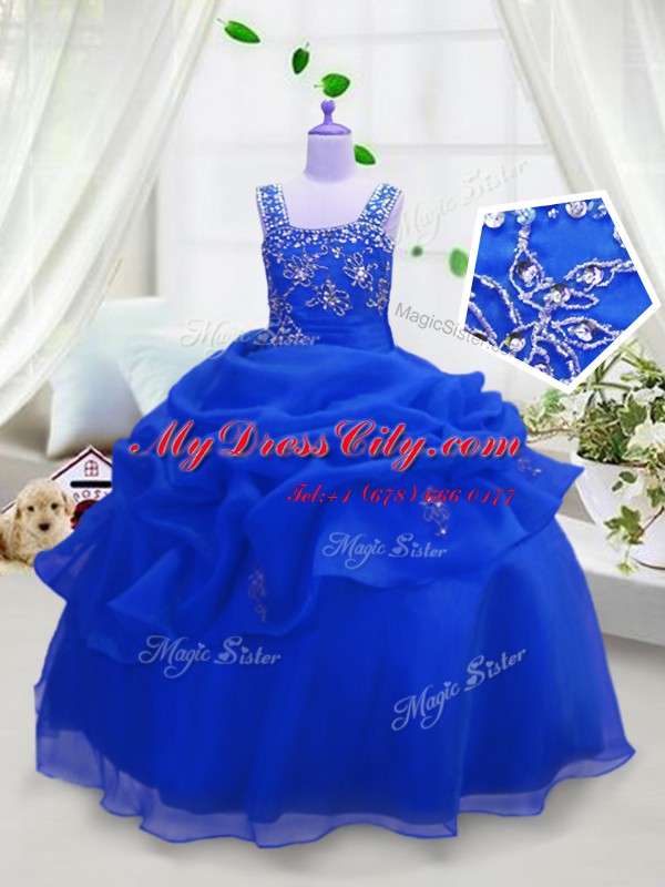 Classical Pick Ups Ball Gowns Party Dress for Girls Royal Blue Straps Organza Sleeveless Floor Length Zipper