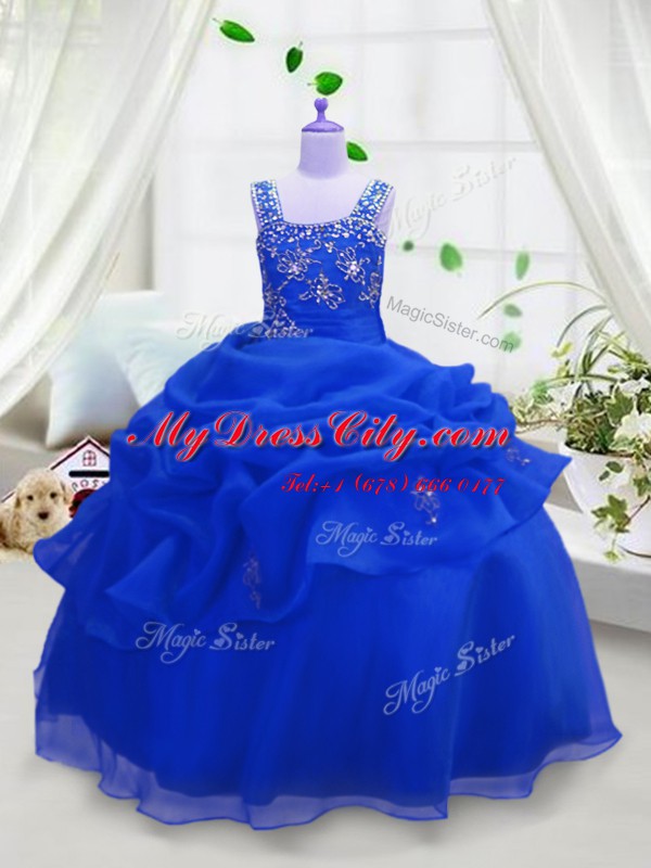 Classical Pick Ups Ball Gowns Party Dress for Girls Royal Blue Straps Organza Sleeveless Floor Length Zipper