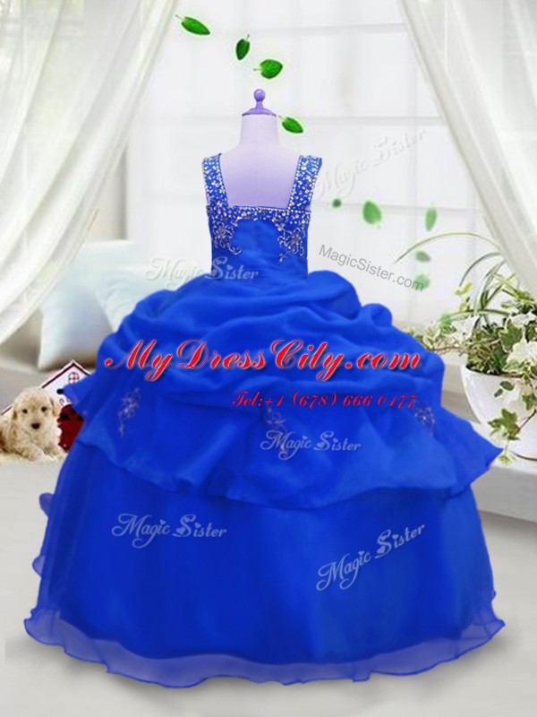 Classical Pick Ups Ball Gowns Party Dress for Girls Royal Blue Straps Organza Sleeveless Floor Length Zipper