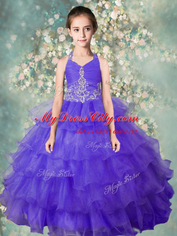 Halter Top Sleeveless Organza Child Pageant Dress Beading and Ruffled Layers Zipper