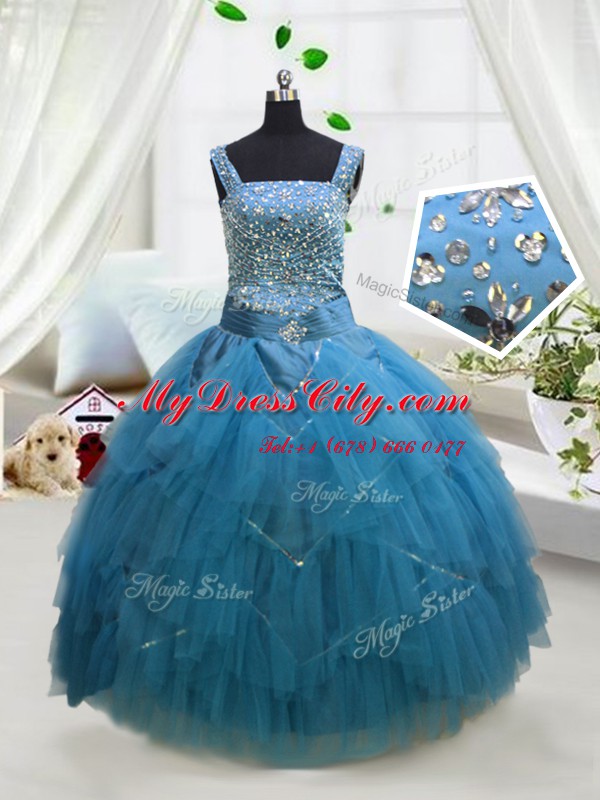 Aqua Blue Pageant Dress for Teens Party and Wedding Party and For with Beading and Ruffles Straps Sleeveless Lace Up